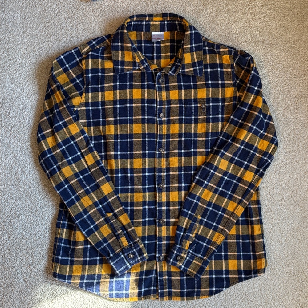 Hanna Andersson Plaid Flannel Button-down Shirt size Boys sz 14-16 Yellow Blue
